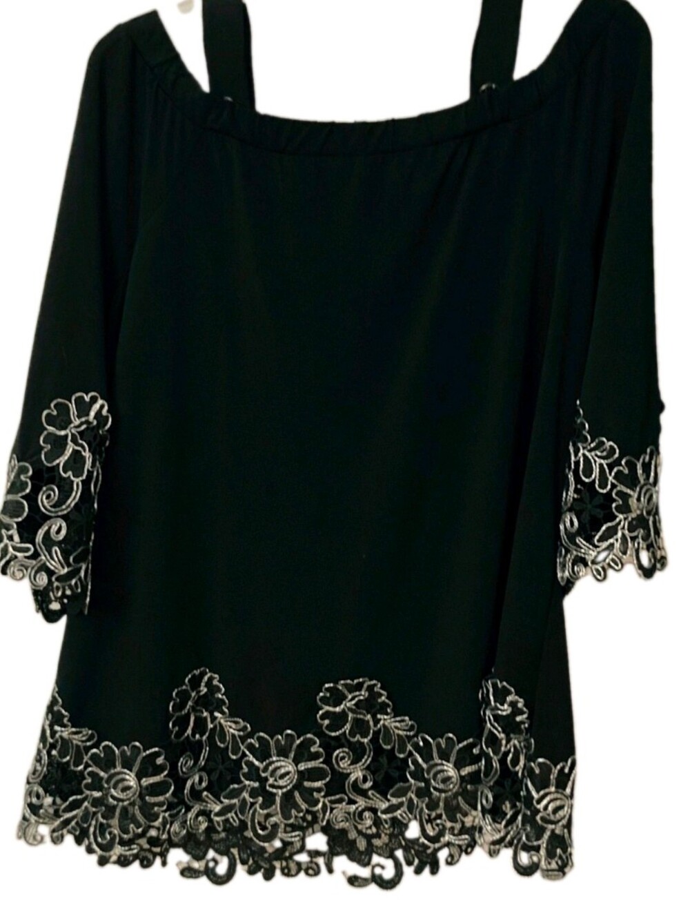 NWT Joan Boyce Blouse Top Womens 1X Black Cold Shoulder Removable Strap Lace HSN